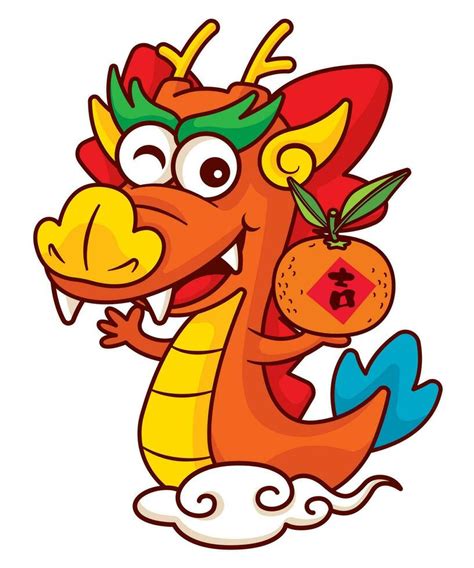 Cartoon cute chinese dragon zodiac holding tangerine orange and riding ...