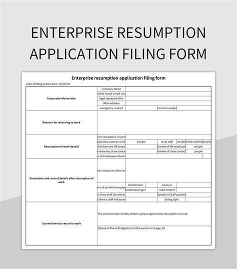 Enterprise Resumption Application Filing Form Excel Template And Google ...