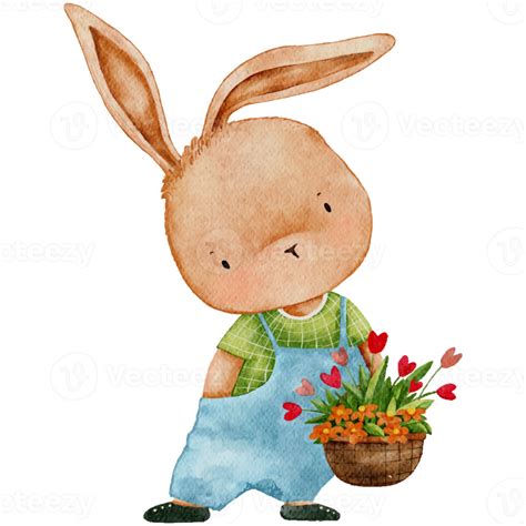 Cute Rabbit holding flower,Cartoon Watercolour hand paint funny Bunny ...