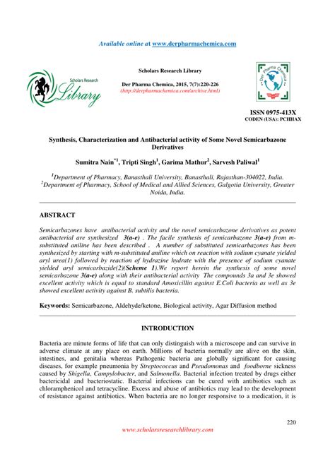 (PDF) Synthesis, Characterization and Antibacterial activity of Some Novel Semicarbazone Derivatives