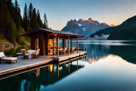 Premium AI Image | A cabin on a lake with a view of the mountains in ...