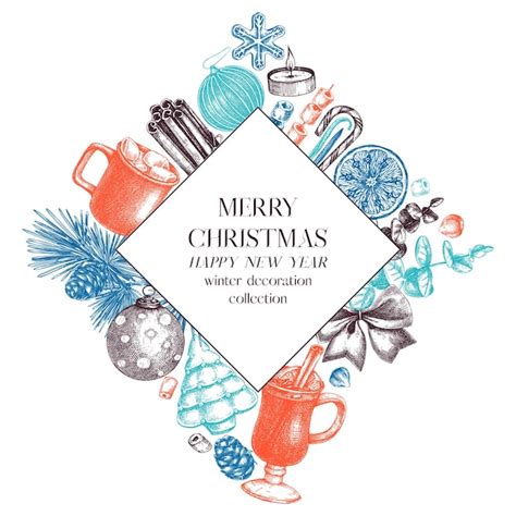 Premium Vector | Vintage christmas banner design in color handsketched holiday background with ...