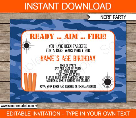 Nerf Birthday Party Invitations | Editable Template | Blue Camo