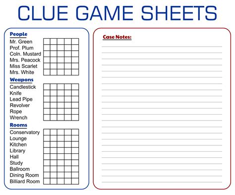 Printable Clue Game Sheets - Printable Word Searches