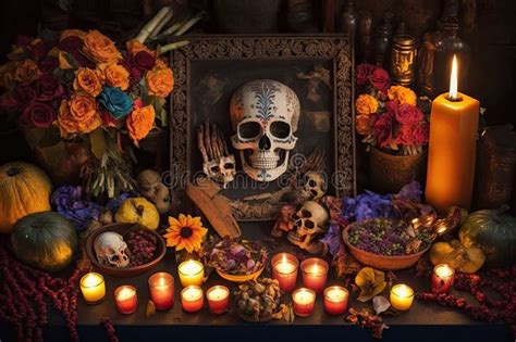 Day of the Dead Altar, Adorned with Candles, Flowers and Offerings for the Deceased Stock ...