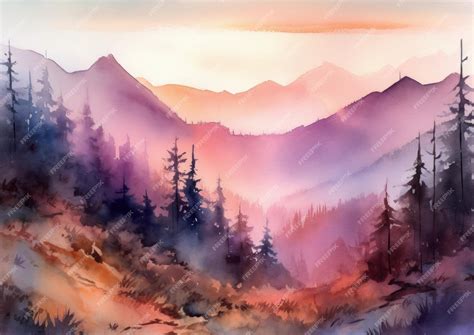 Premium AI Image | A watercolor painting of a mountain landscape with a mountain range in the ...