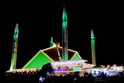 A well decorated view of Faisal Masjid with colourful lights in ...