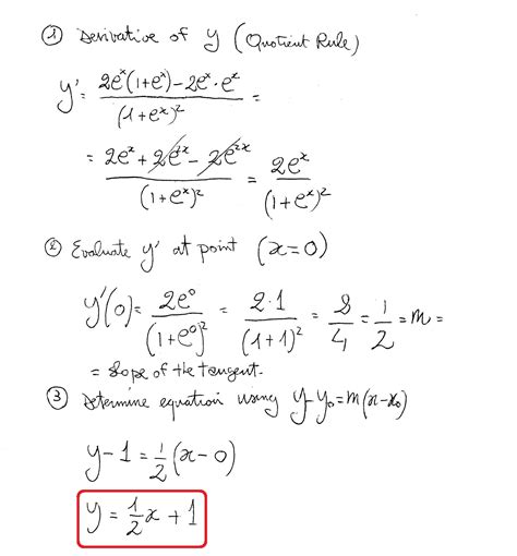 How do you find the equation of the tangent to the curve defined by y= (2e^x) / (1+e^x) at the ...