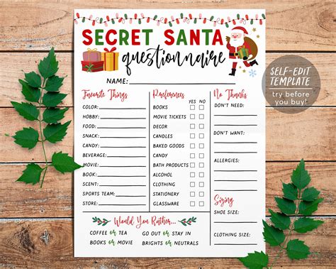 Printable Secret Santa Questions - Etsy