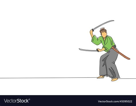 One single line drawing of young japanese samurai Vector Image