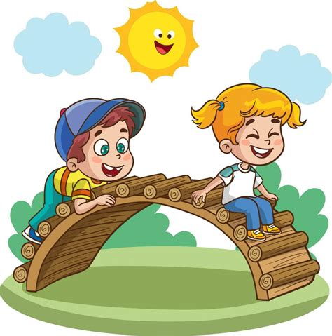 ilustración de niños jugando en un de madera puente en un soleado día ...