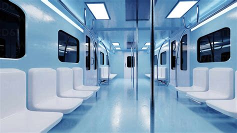 Three dimensional render of interior of white and blue subway train ...