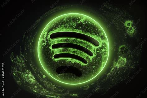 Spotify logo. Green neon lights. Double exposure ocean, clock and universe. Generative Ai Stock ...