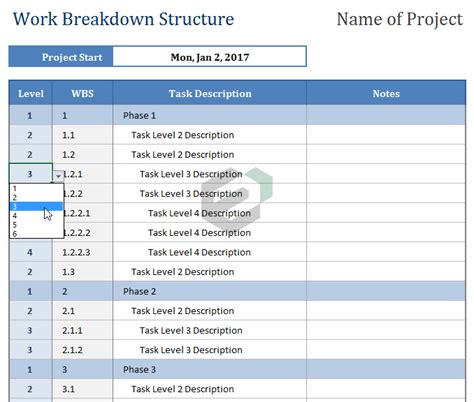 Work Breakdown Structure Template in Excel and Spreadsheet
