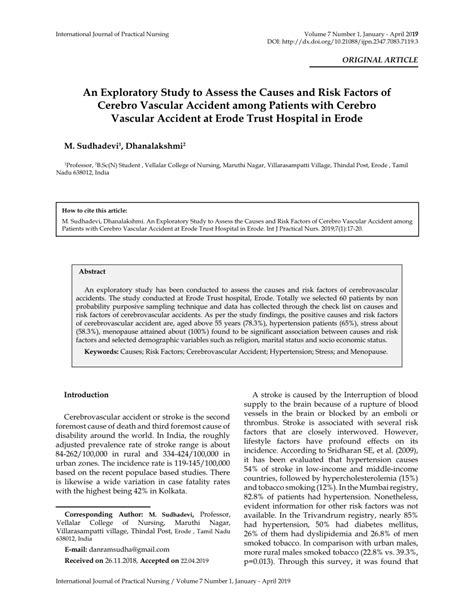 (PDF) An Exploratory Study to Assess the Causes and Risk Factors of Cerebro Vascular Accident ...