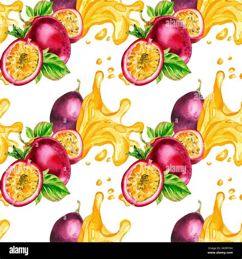 Purple passion fruit and splash juice watercolor seamless pattern isolated on white background ...