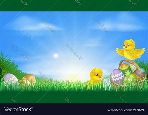 Yellow easter chicks and eggs background Vector Image