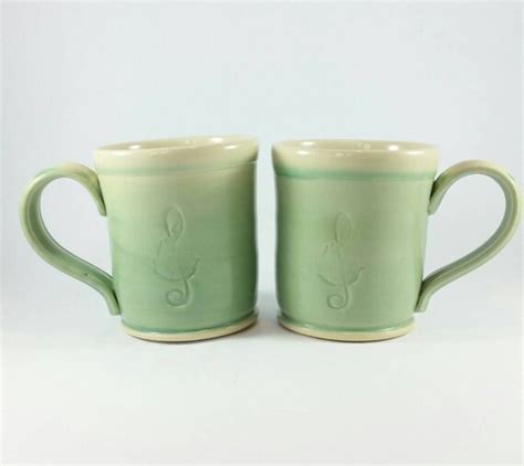 Ceramic pottery handmade mugs set of 2 green and white pottery
