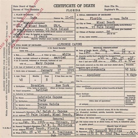 Al Capone Death Certificate 1947 Miami Beach Florida Photo Print ...