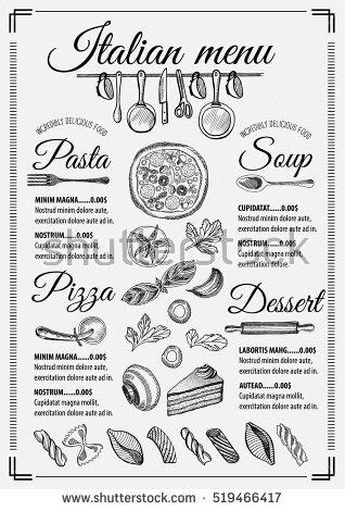italian food menu design with hand drawn lettering and icons on white ...