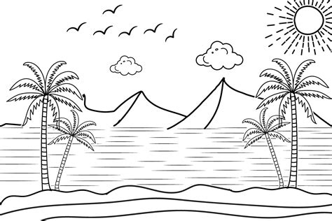 Summer sunset tropical beach line art vector illustration, hand drawn ...