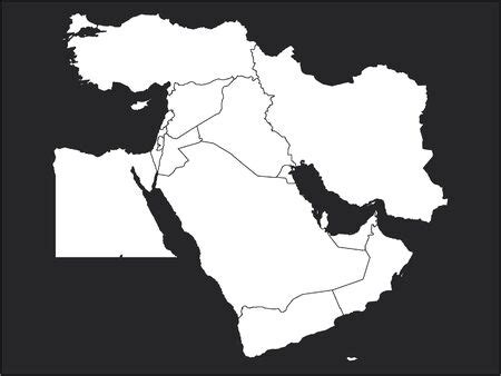 Simple White Outline Map of the Middle East with Countries on Black Background:: tasmeemME.com