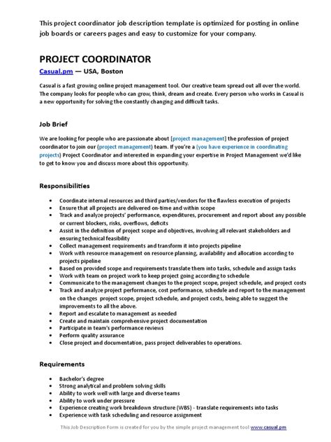 Project Coordinator Job Description Template | Project Management ...