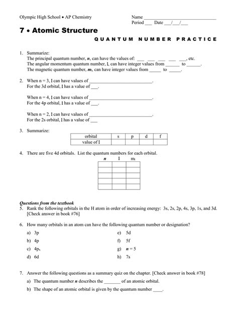 Quantum Numbers Practice Worksheet