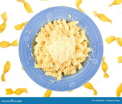 Grated Cheese on Pasta Isolated on White Background Stock Image - Image of dairy, blue: 126448937