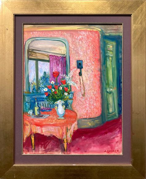 Jacques Zucker - "Interior Scene with Wine and Flowers" Post-Impressionist Oil Painting Framed ...