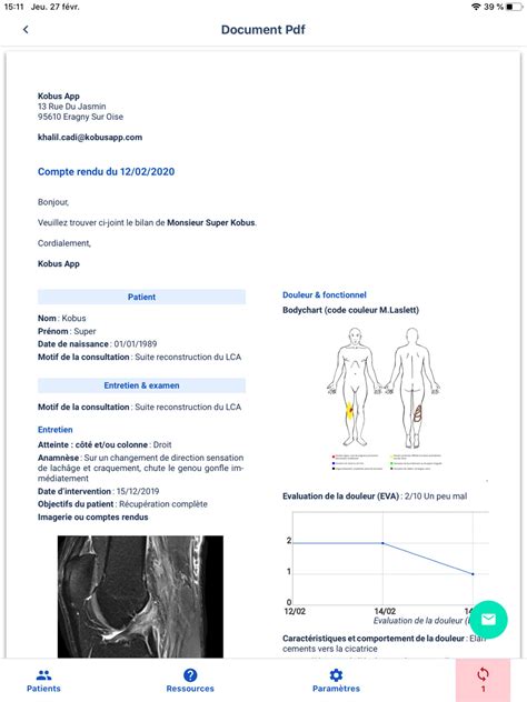 Kobus App, bilans diagnostic kiné et suivi patient