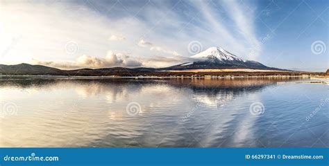 Panorama of Mountain Fuji Fujisan with Sunrise from Yamanaka Lake at Yamanashi Japan Stock Image ...