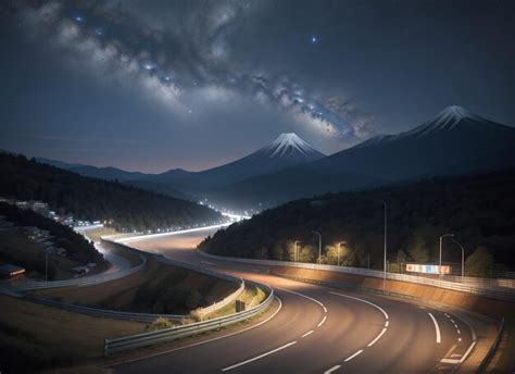 Premium Photo | A highway with a mountain in the background at night ...