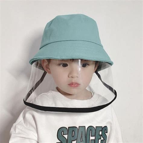 Little Kids Plain Cotton Bucket Hat with Face Shield Mask in Beige Cyan ...