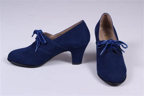 Navy blue 40's vintage style shoes in suede with lace – memery