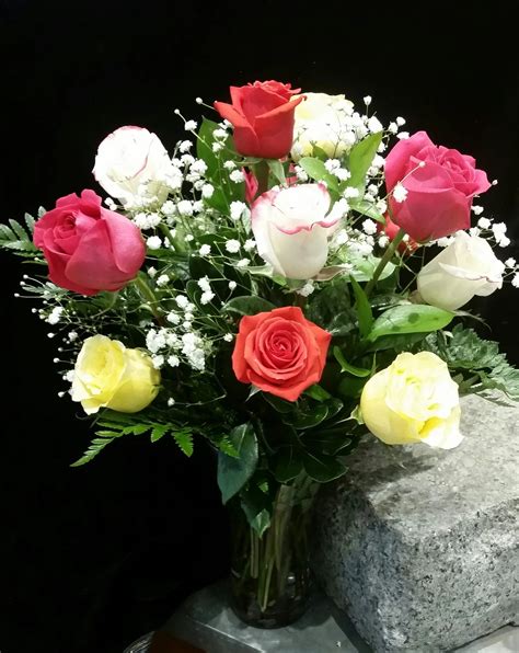 Multi-Colored Dozen Roses in a vase in Newton, MA | The Crimson Petal Inc.