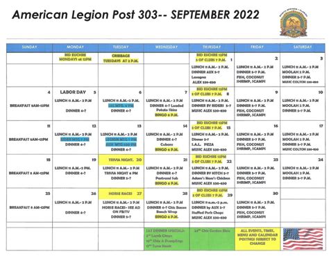 Post Events Calendar – American Legion Post 303