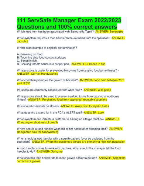 111 ServSafe Manager Exam 2022/2023 Questions and 100% correct answers ...