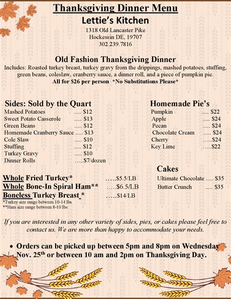 Thanksgiving Catering Menu from Lettie's Kitchen