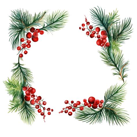 Christmas Border Frame Watercolor Pine Branches With Berries, Elegant ...