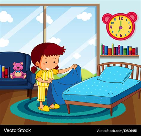 Girl in yellow pajamas making bed in bedroom Vector Image