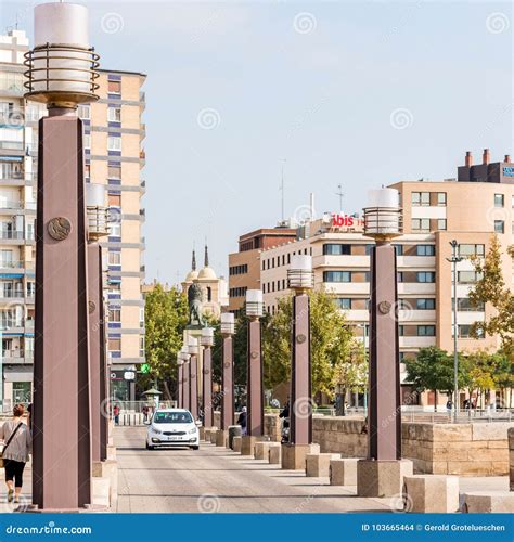 SARAGOSSA, SPAIN - SEPTEMBER 27, 2017: Bridge Over the Ebro River. Copy ...