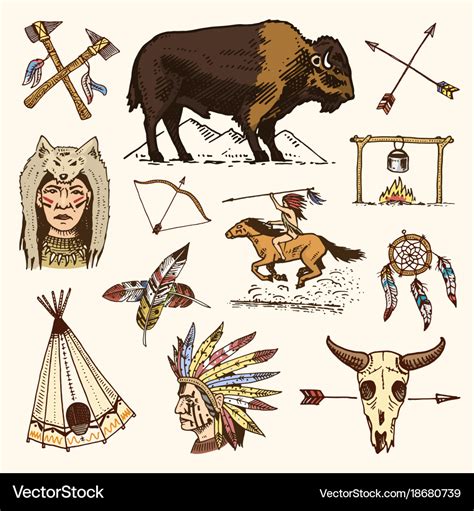 Indian or native american buffalo axes and tent Vector Image