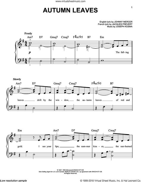 Mercer - Autumn Leaves sheet music for piano solo [PDF] | Sheet music, Piano sheet music, Piano ...