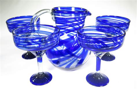 Mexican Margarita Glasses set (4) and matching pitcher blue swirl design