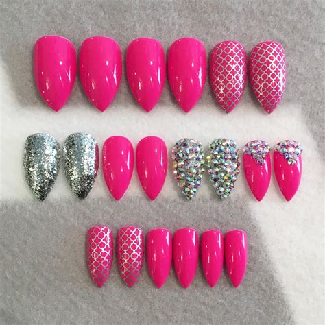 Hot Pink and Silver Fake Nails Faux Nails Glue on Nails - Etsy