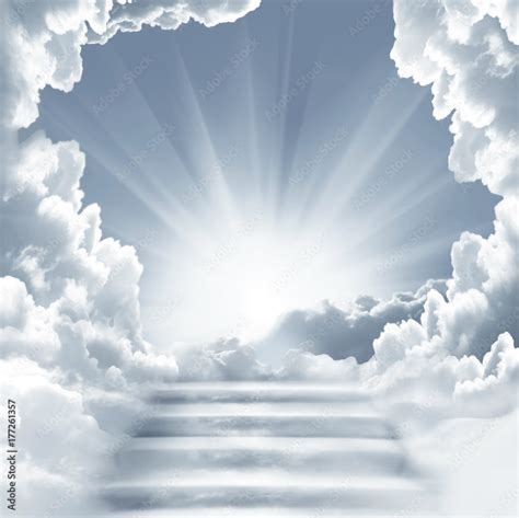 Stairway to Heaven.Stairs in sky. Concept with sun and white clouds.Concept Religion background ...