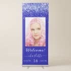 Birthday royal blue glitter dust photo welcome retractable banner | Zazzle