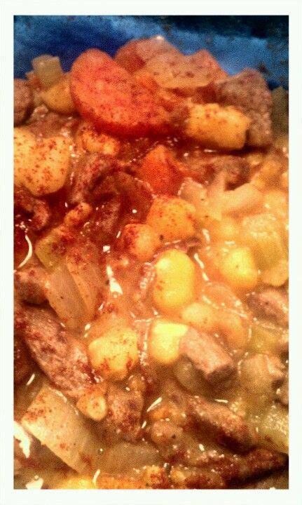 Beef Thugs in Hominy- Serves 4: 1 potato, diced 1 small onion, diced 3 smallish carrots, sliced ...