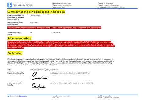 Electrical Installation Condition Report Template and Example